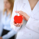 Femail doctor holding a red heart in his hands on a background of the patient. Health care concept